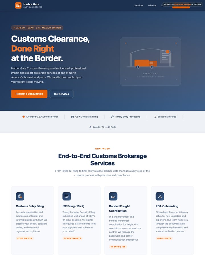Sample customs broker website built with deciqAI