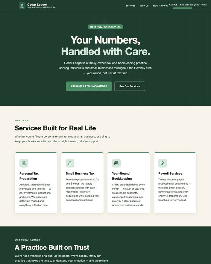 Sample tax and bookkeeping practice website built with deciqAI
